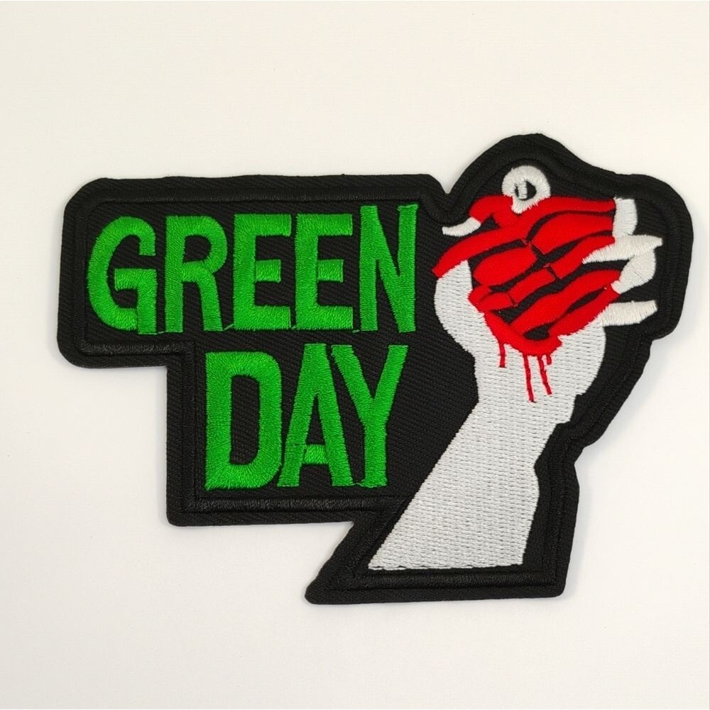 Iron On Patch Green Day Embroidered White and Red On Black Background